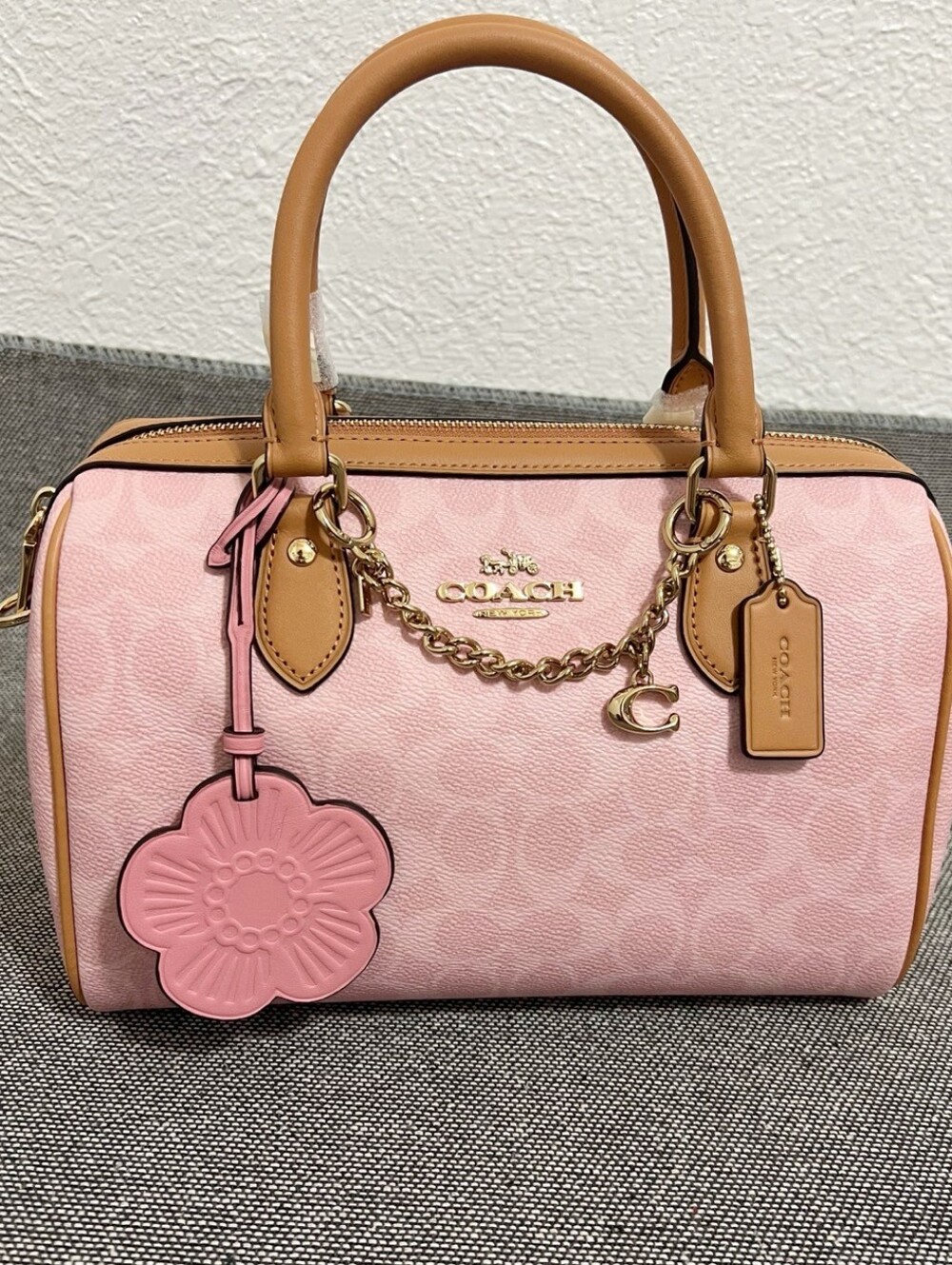 NWT Coach Powder Pink Regular Rowan Satchel Bag Signature Canvas With charms